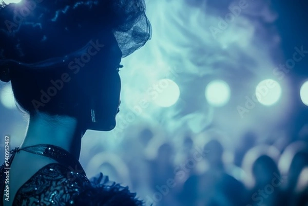 Fototapeta Ethereal Silhouette of a Woman at a Masquerade Ball with Mysterious Blue Lighting
