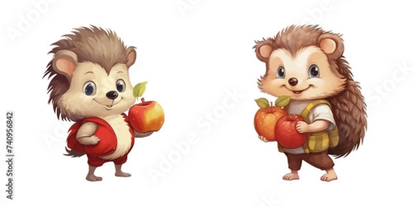 Obraz Cartoon Hedgehog Carries an Apple. Vector Illustration