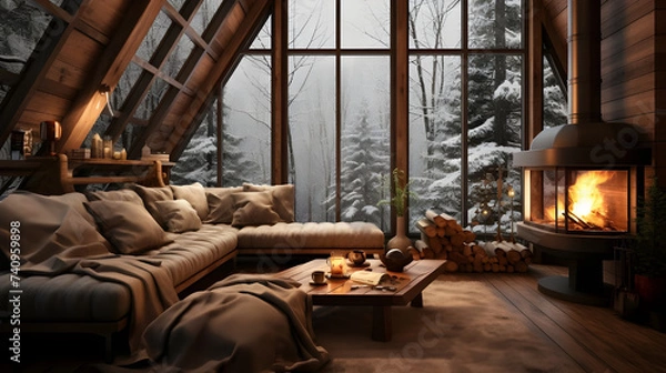 Fototapeta A charming living room with fireplace in a cozy eco cabin nestled in a snowy forest.