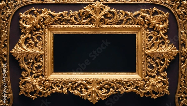 Fototapeta Ornate Golden Picture Frame With Intricate Floral Designs Displayed Against a Neutral Background
