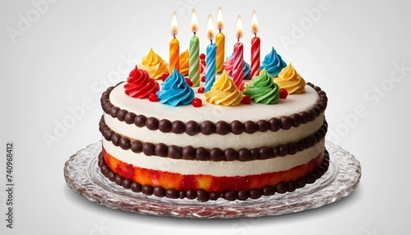 Fototapeta A vibrant layered birthday cake adorned with multicolored icing and lit candles, ready for celebration.