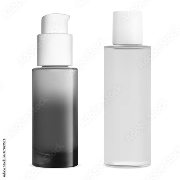 Obraz Cosmetic toner bottle. Clear skin face lotion mock up. Realistic serum moisturizer essence jar. Transparent airless pump bottle for foundation cream or lotion