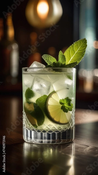 Fototapeta Glass of mojito cocktail decorated with lime at bar counter, blurred moody dark background, selective focus