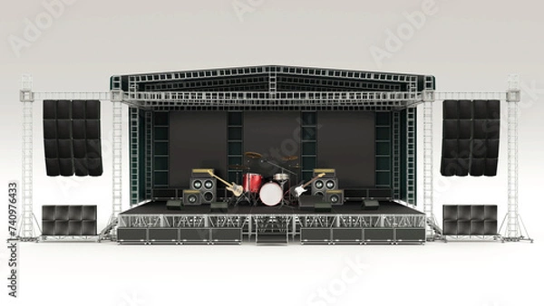 Fototapeta Stage for a rock concert, with metal structures and instruments, 3d rendering