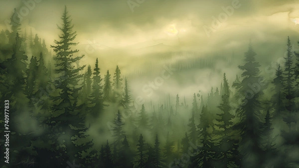 Fototapeta A watercolor depiction of a foggy forest at dusk, with green pines shrouded in mist.