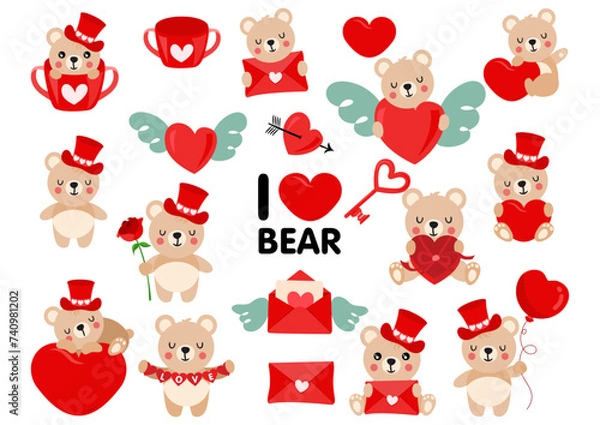 Obraz Set of funny love valentine tedy bear.cdr