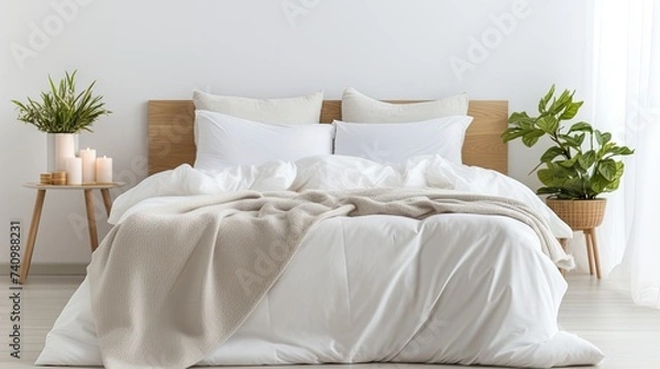 Fototapeta Elegant bed with soft white blanket, linens, and pillows, creating a top-view scene of a peaceful and inviting bedroom.