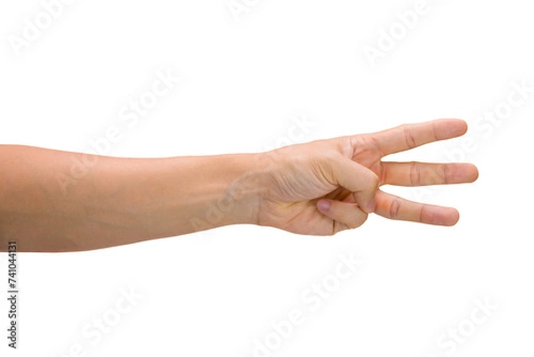 Fototapeta Man hand showing three fingers isolated on white background with clipping path.