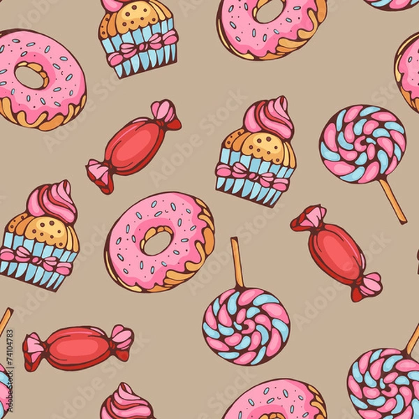 Fototapeta seamless pattern of donuts candies and lollypops