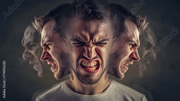 Fototapeta man with a mental disorder in despair, splitting heads, generative ai