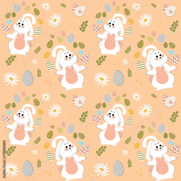 Fototapeta White rabbits on a peach background pattern. Lovely flat Easter seamless pattern with bunnies, doodles, flowers, easter eggs, beautiful background. For Easter cards, banner, textiles, wallpaper.