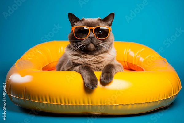 Fototapeta Siamese cat on a round yellow inflatable wearing sunglasses, studio shot. Summertime concept. Generative AI
