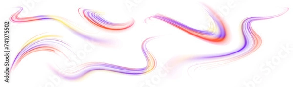 Fototapeta Light beam illustration, neon light strip, high speed motion background, on transparent background in PNG format.  Speed of light concept png background.