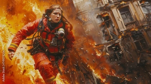 Obraz Woman firefighter bravely rescuing people from a burning building, exemplifying the superiority of women in emergency response and public safety on the 8th of March