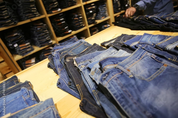 Fototapeta dżinsy ułożone na półkach w sklepach