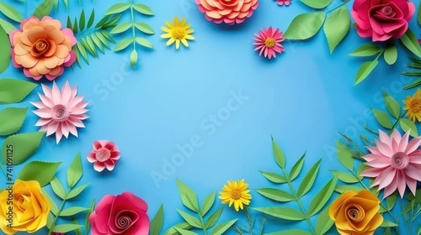 Fototapeta top view of colorful paper cut flowers with green leaves on blue background with copy space