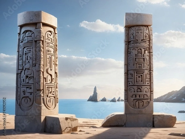 Fototapeta "Data Glyph Monolith: Stone Pillar Carved with Hieroglyphic-Like Symbols, a Timeless Repository of Data, Bridging Ancient Carving Techniques with Futuristic Symbolism"