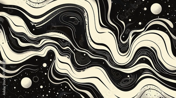 Obraz Retro Groovy Waves Psychedelic Monochrome.
