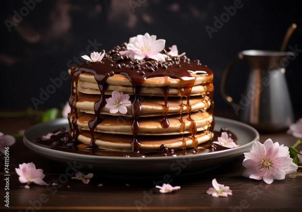 Fototapeta Divine Delicacy Indulgent Pancakes with Chocolate Elegance Pure Bliss Fluffy Pancakes Adorned with Chocolate Splendor