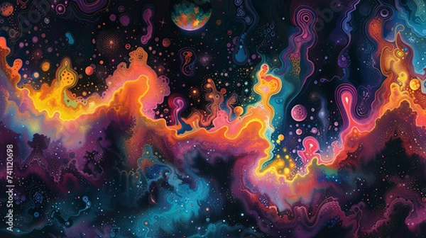 Fototapeta Colorful and abstract psychedelic oasis background.
