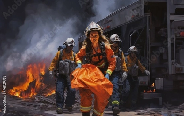 Obraz A woman firefighter leads a team of expert firefighters in handling dangerous fire situations, demonstrating leadership, courage, and effective coordination to ensure the safety and successful