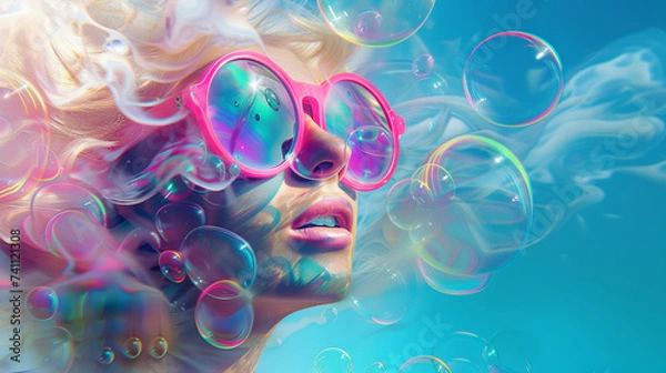 Fototapeta Fresh summer surreal composition with a beautiful blonde girl and a bright sunny blue sky and colorful soap bubbles in the background. Concept of happiness and relax.