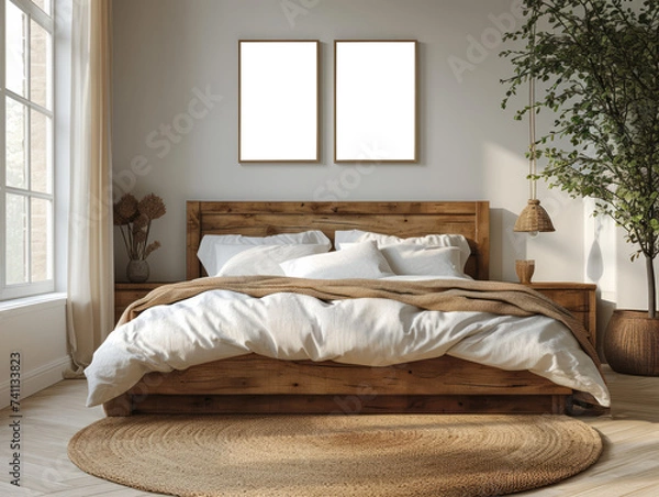 Obraz A cozy bedroom interior with a wooden bed and two blank posters on the wall. Ai generative illustration