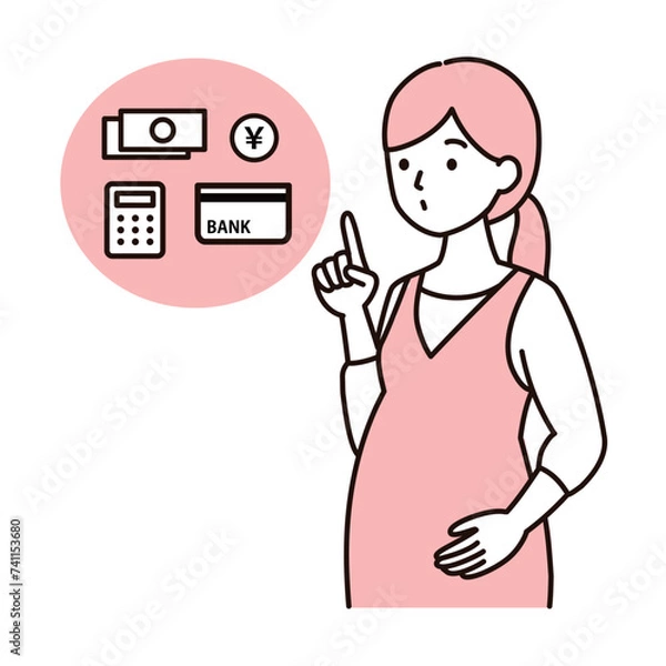Fototapeta シンプルタッチ　お金や貯蓄について考える妊婦さんのイラスト
