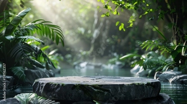 Fototapeta Empty showcase podium, display stone platform, bright sky background, water below, plants, nature, soft light, product presentation organic cosmetics and food. Natural display products: nature plants