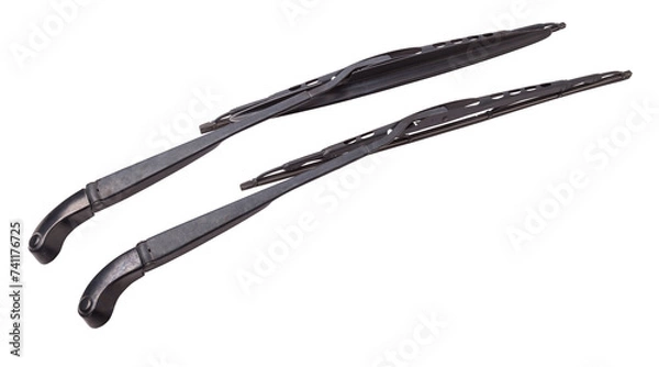 Fototapeta A pair of black plastic wipers on a white isolated background with rubber brushes for cleaning from dirt, dust or rain without hampering the driver's visibility. Spare part for the car at the parsing.