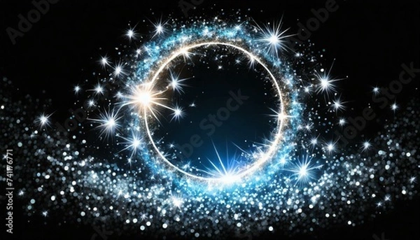Obraz stars, magic stars glow Bwhite glitter circle of light shine sparkles and blue spark particles in circle frame on black stars glow, firework confetti of glittery ring shimmer, wallpaper , bright 