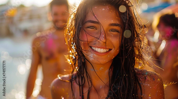 Fototapeta Holi Celebration: A Festive and Colorful Image of Happy People Playing with Holi Colors and Smiling