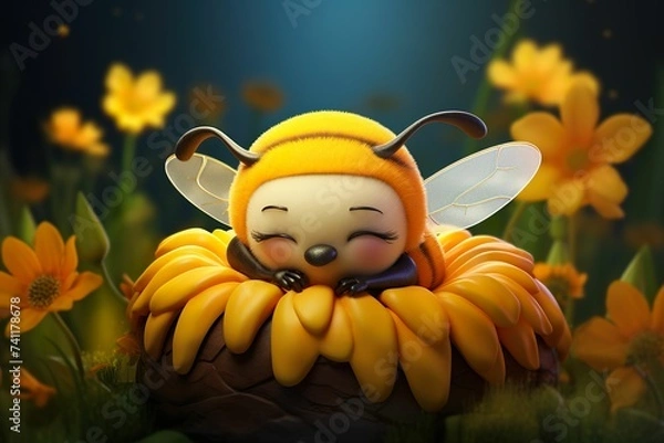 Obraz 3D cartoon style little bee sleeping in the flower, little bee sleeping on the flower in the fairy tale world