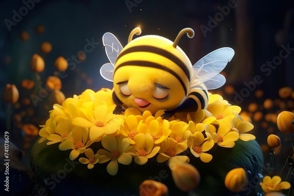 Obraz 3D cartoon style little bee sleeping in the flower, little bee sleeping on the flower in the fairy tale world