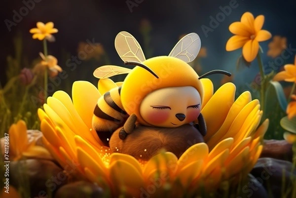 Obraz 3D cartoon style little bee sleeping in the flower, little bee sleeping on the flower in the fairy tale world