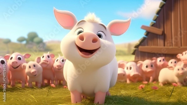Obraz 3D cute cartoon style farm piglets, curious piglets, organic farm animals