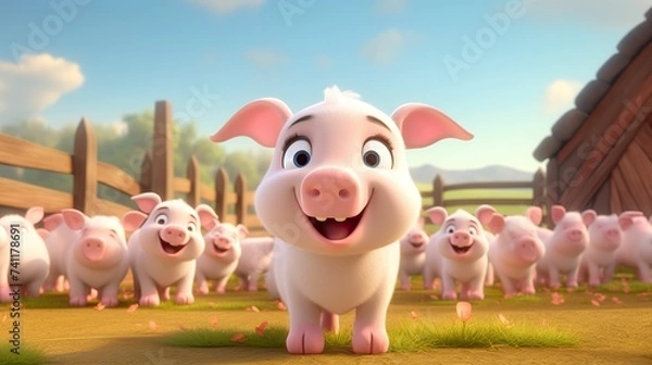 Obraz 3D cute cartoon style farm piglets, curious piglets, organic farm animals