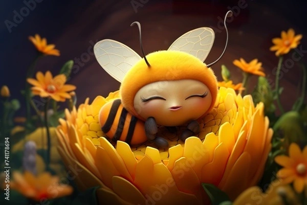 Obraz 3D cartoon style little bee sleeping in the flower, little bee sleeping on the flower in the fairy tale world