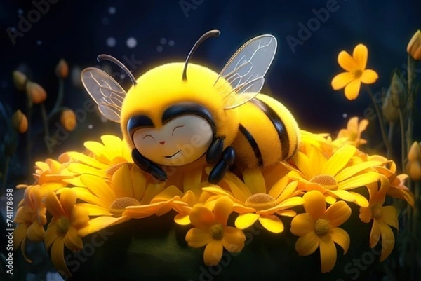 Obraz 3D cartoon style little bee sleeping in the flower, little bee sleeping on the flower in the fairy tale world