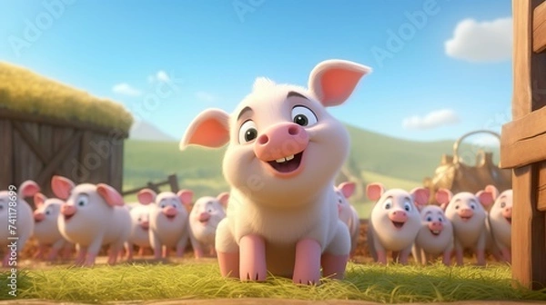 Obraz 3D cute cartoon style farm piglets, curious piglets, organic farm animals