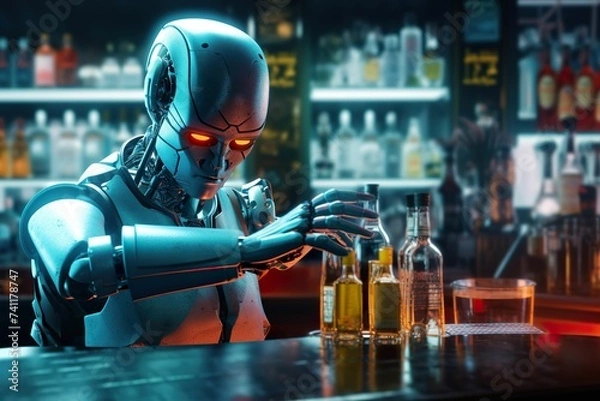 Obraz Sci-fi: Robot bartender at the bar, robot bartending at the bar of the future