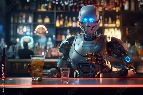 Obraz Sci-fi: Robot bartender at the bar, robot bartending at the bar of the future