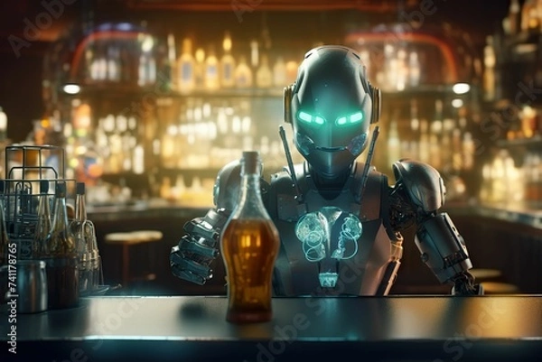 Obraz Sci-fi: Robot bartender at the bar, robot bartending at the bar of the future