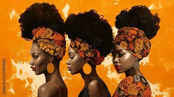 Obraz Stylowa afrykańska kobieta plemienna z kolorowym turbanem na złotym tle, ręcznie rysowana surrealistyczna złota dekoracja kobiety plemiennej