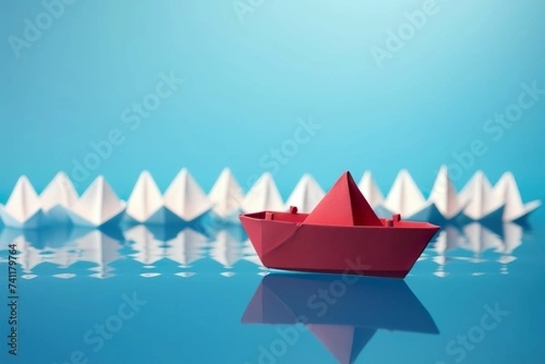 Obraz Neatly arranged paper boats on a blue background, symbolizing navigation, direction, leading the team forward
