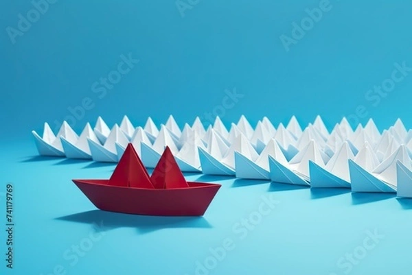 Obraz Neatly arranged paper boats on a blue background, symbolizing navigation, direction, leading the team forward