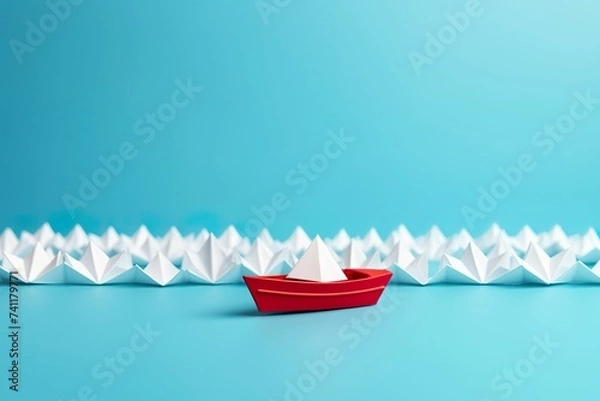 Obraz Neatly arranged paper boats on a blue background, symbolizing navigation, direction, leading the team forward