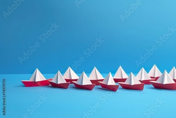 Obraz Neatly arranged paper boats on a blue background, symbolizing navigation, direction, leading the team forward