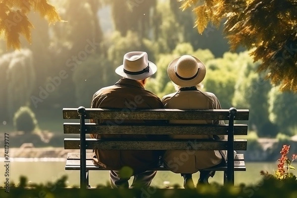 Obraz Elderly couple looking at the scenery in the spring garden, rear view of an elderly couple sitting on a bench and looking at the scenery, healthy senior living