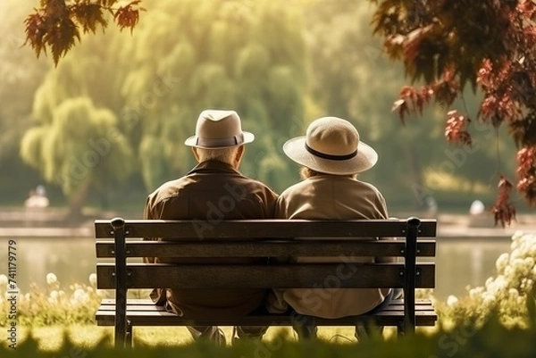 Obraz Elderly couple looking at the scenery in the spring garden, rear view of an elderly couple sitting on a bench and looking at the scenery, healthy senior living
